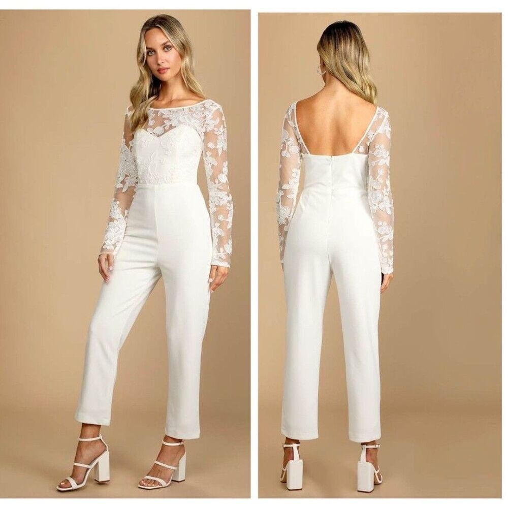 Lulus Write Your Own Romance White Embroidered Long Sleeve Jumpsuit Size Small